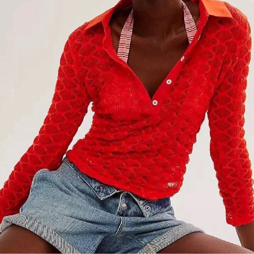 Free People Girl Next Door Red Polo Shirt L